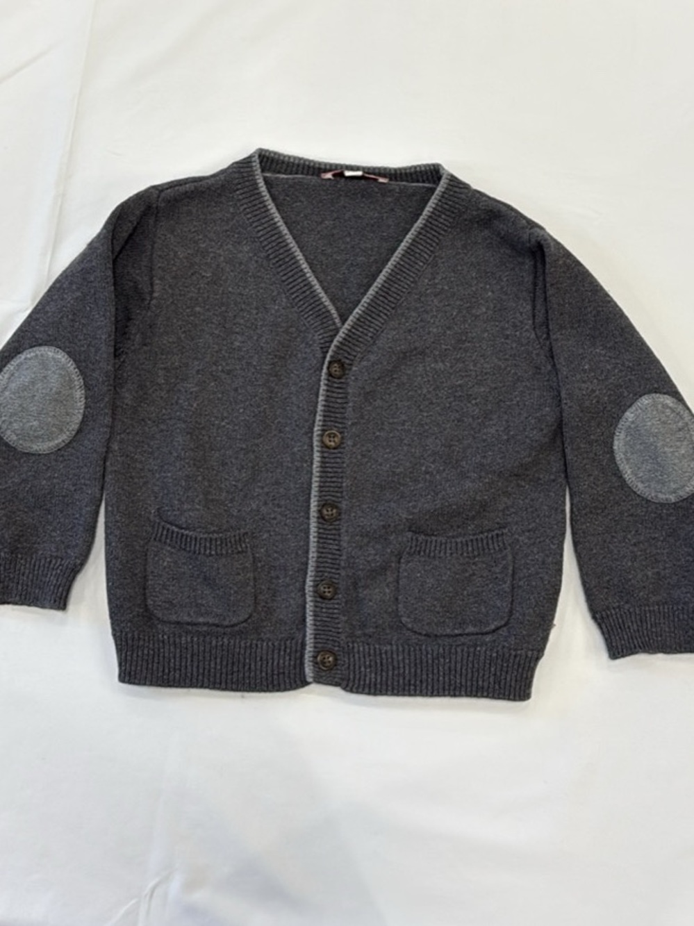 Jacadi Charcoal Gray Knit Cardigan with Light Gray Elbow Patches